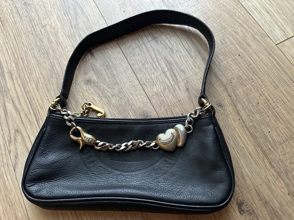 Vintage Y2K Juicy Couture Baguette Shoulder Bag Black Leather Mini Heart Charm